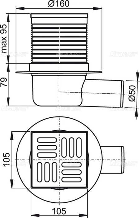 Сливной трап AlcaPlast APV1 105×105/50 мм боковой сток, решетка из нержавеющей стали, гидрозатвор мокрый