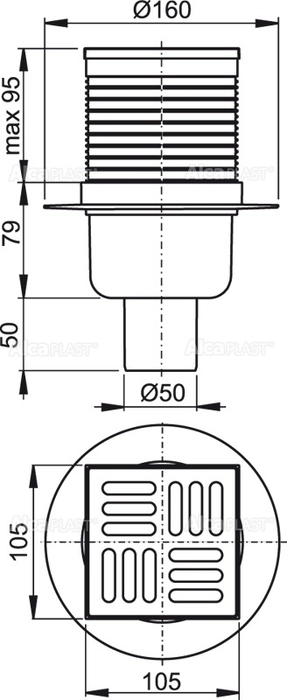 Сливной трап AlcaPlast APV32 105×105/50 мм прямой сток, решетка из нержавеющей стали, гидрозатвор комбинированный SMART