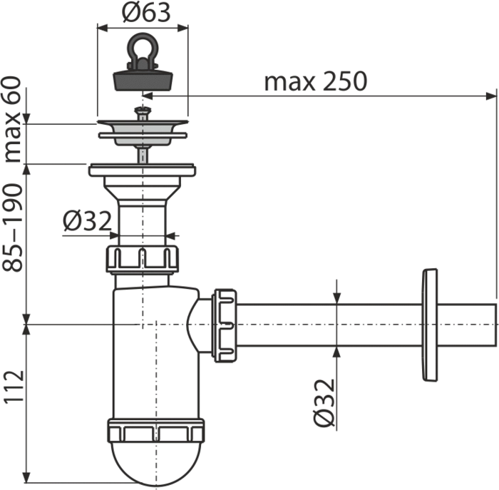 Сифон для умывальника DN32 с нержавеющей решеткой DN63 AlcaPlast A410