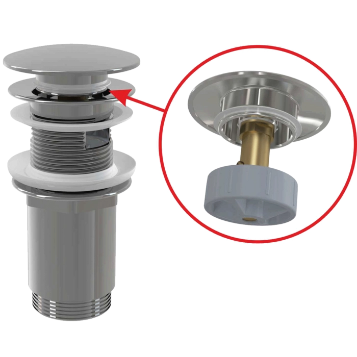 Донный клапан сифона AlcaPlast A392C для умывальника CLICK/CLACK 5/4″, цельнометаллический с переливом и большой заглушкой