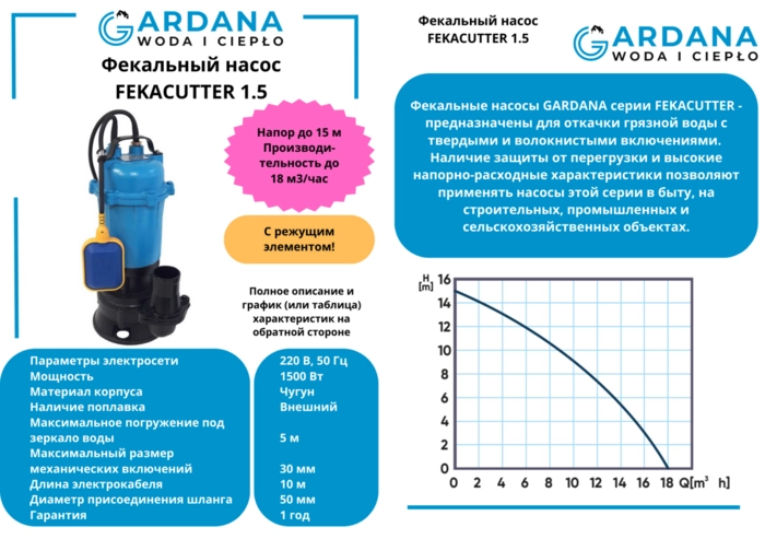Насос погружной фекальный GARDANA FEKACUTTER 1.5 с измельчителем