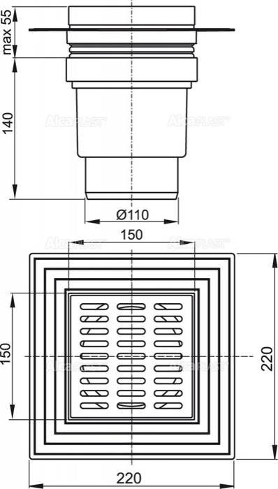 Сливной трап AlcaPlast APV13 150×150/110 мм прямой сток, решетка из нержавеющей стали, воротник изоляции 2–го уровня, гидрозатвор мокрый