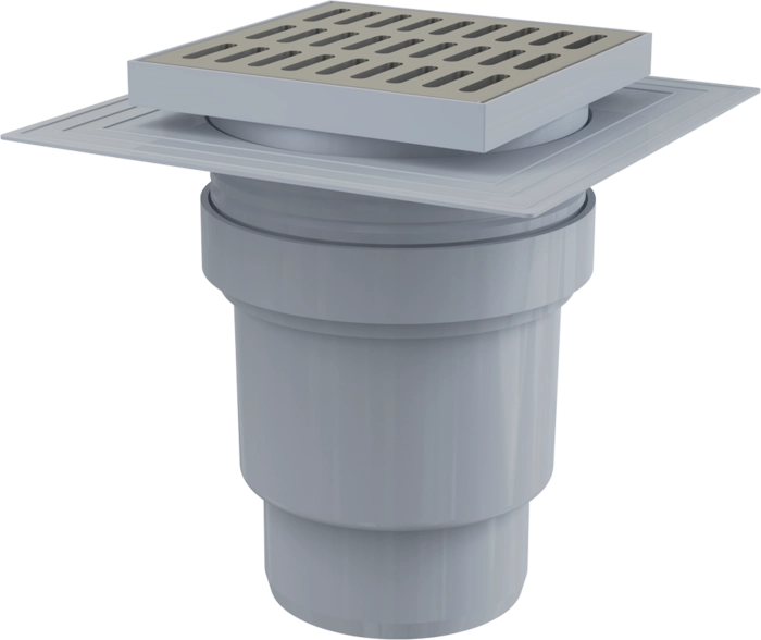 Сливной трап AlcaPlast APV13 150×150/110 мм прямой сток, решетка из нержавеющей стали, воротник изоляции 2–го уровня, гидрозатвор мокрый
