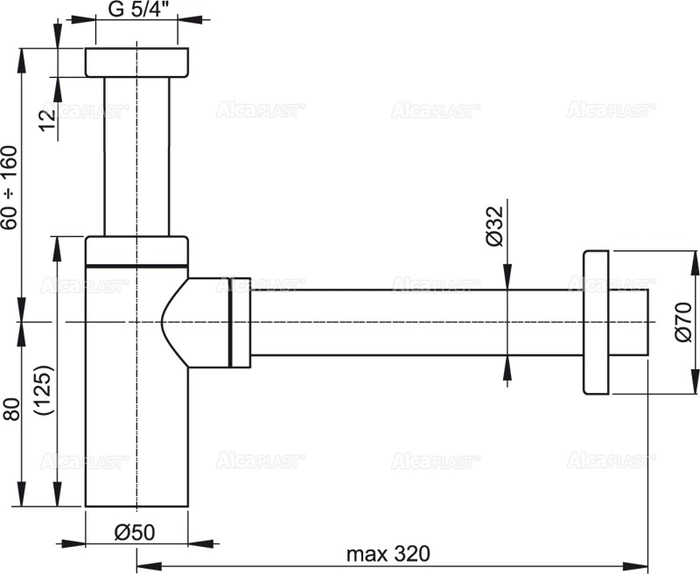 Сифон для умывальника DN32 DESIGN цельнометаллический, круглый AlcaPlast A400