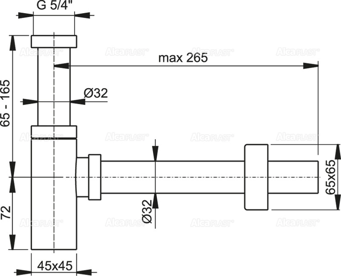 Сифон для умывальника DN32 DESIGN цельнометаллический, квадратный AlcaPlast A401