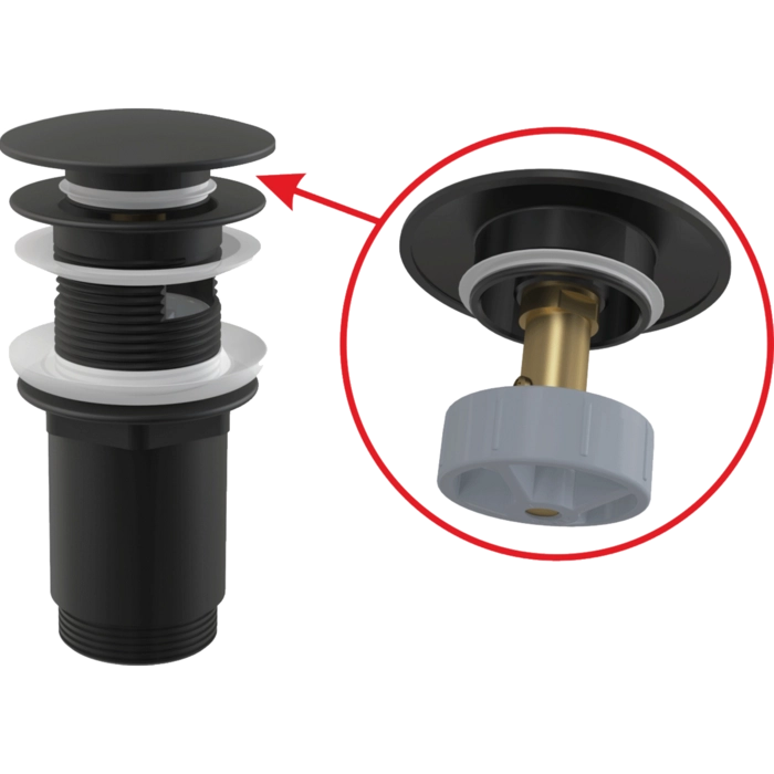 Донный клапан сифона AlcaPlast  A392BLACK для умывальника CLICK/CLACK 5/4″, цельнометаллический с переливом и большой черной заглушкой