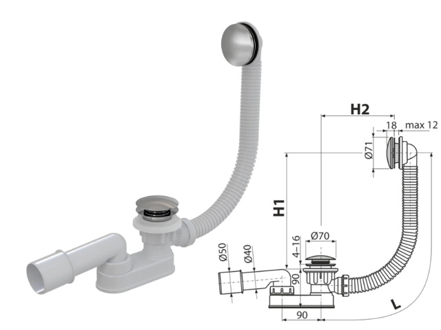 Сифон для ванны CLICK/CLACK, металл AlcaPlast A504CKM