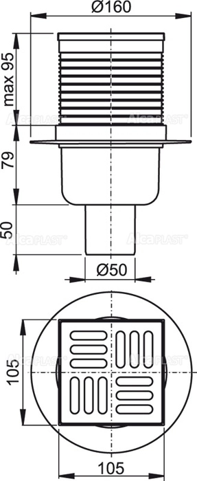 Сливной трап AlcaPlast APV2 105×105/50 мм прямой сток, решетка из нержавеющей стали, гидрозатвор мокрый